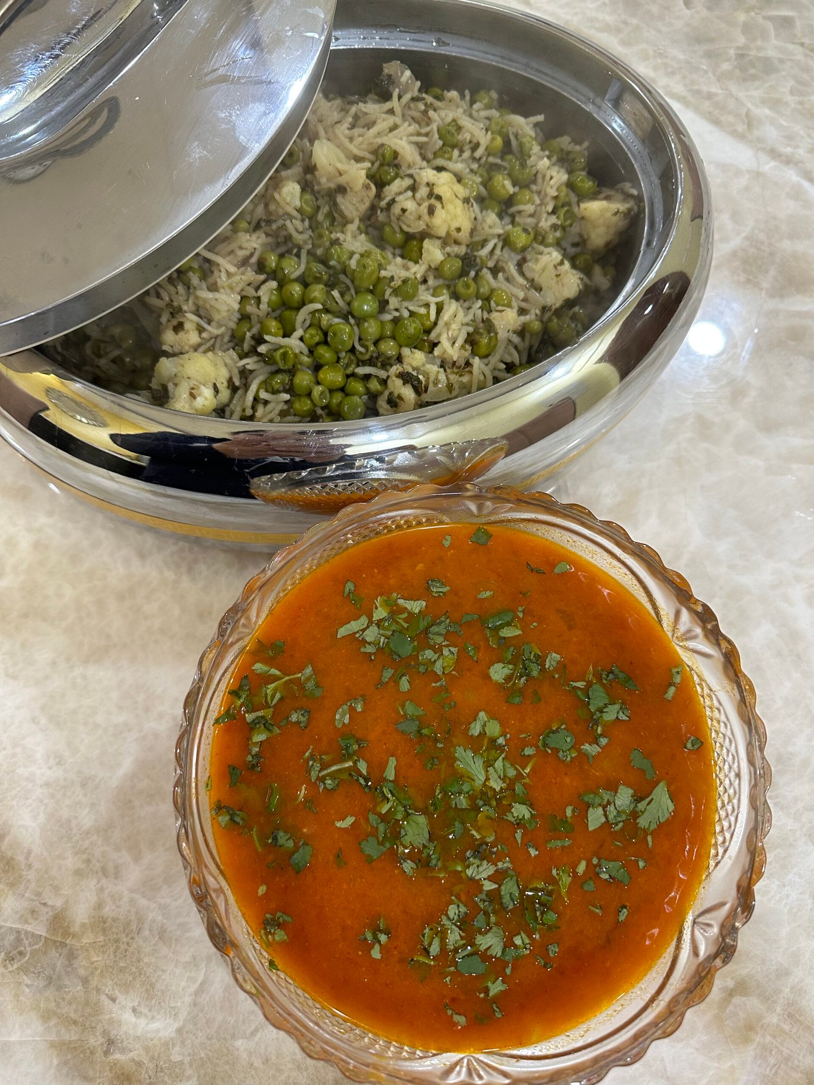 Methi Matar Pulao with Tomato Soup ( winter special)